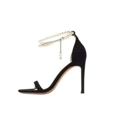 Elegant Stiletto Heels with Pearl Ankle Strap – These stunning heels combine a sleek, pointed-toe design with a delicate pearl-embellished ankle strap