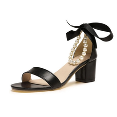 Elegant Chunky Heel Sandal with Pearl Anklet and Ribbon Tie