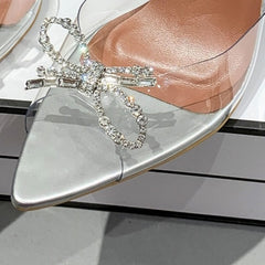 Clear Pointed-Toe Mule Heels with Rhinestone Bow