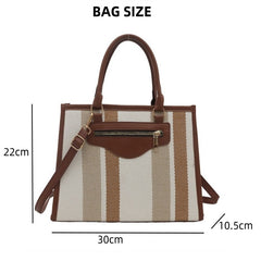Elegant Striped Tote Bag with Rich Leather Accents – A Perfect Fusion of Classic Style and Modern Luxury