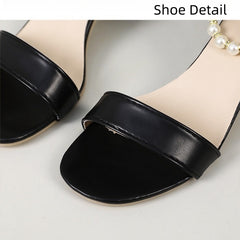 Elegant Chunky Heel Sandal with Pearl Anklet and Ribbon Tie