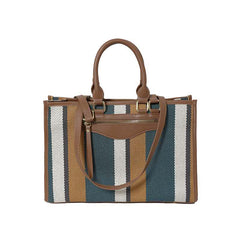 Elegant Striped Tote Bag with Rich Leather Accents – A Perfect Fusion of Classic Style and Modern Luxury