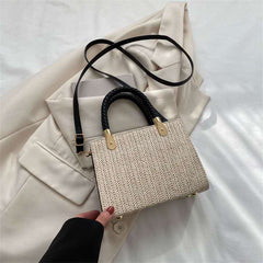 Chic Woven Texture Structured Handbag with Black Braided Handles
