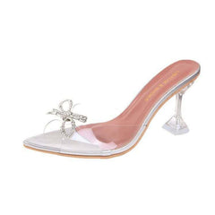 Clear Pointed-Toe Mule Heels with Rhinestone Bow