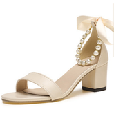 Elegant Chunky Heel Sandal with Pearl Anklet and Ribbon Tie