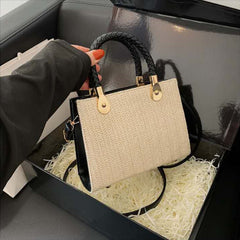 Chic Woven Texture Structured Handbag with Black Braided Handles