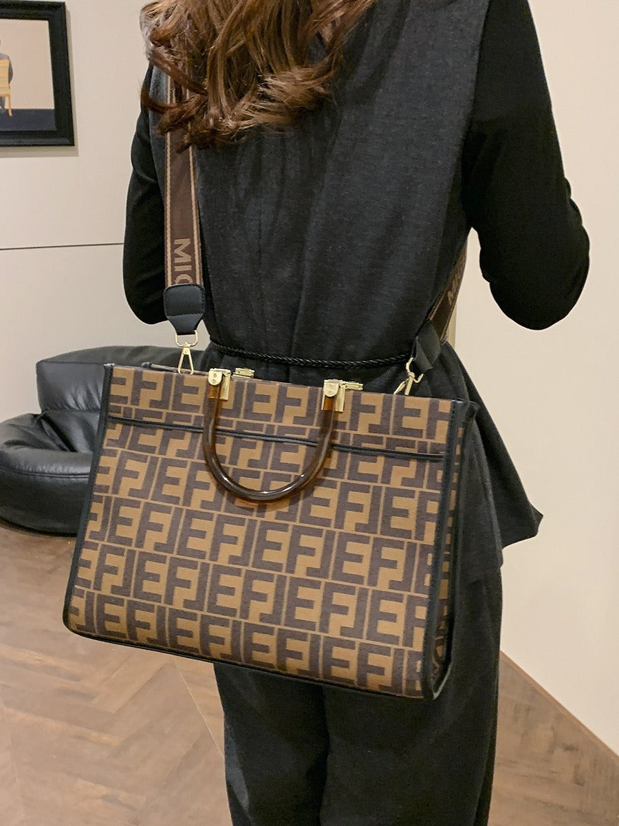 Monogram Print Structured Tote Bag with Acrylic Handles