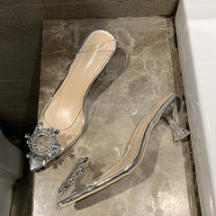 Elegant Transparent Pointed-Toe Slingback Heels with Crystal Embellishment