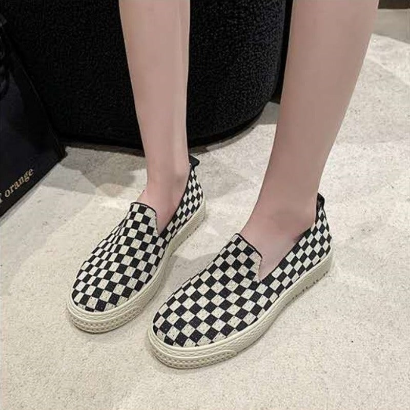 Casual Black and White Checkered Slip-On Sneaker with Rubber Sole